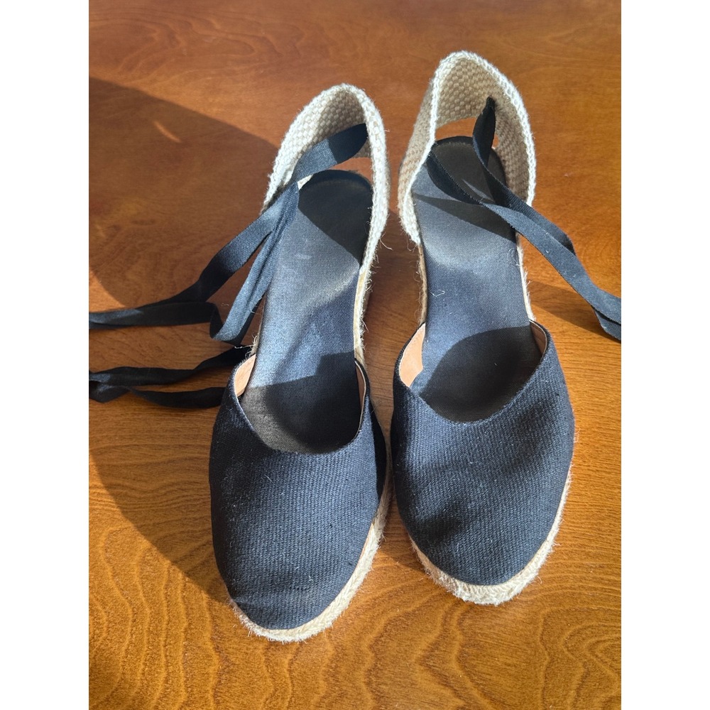 Black Canvas Espadrille Wedges Made in Spain Ankle Tie Sandals Size 38
